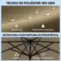 Outsunny Chapéu de Sol para Jardim Ø2,7 m com Inclinação Ajustável em 3 Posições Manivela e Volante Cáqui(m-7)