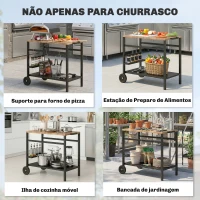 Outsunny Carrinho de Churrasco de 2 Níveis Mesa Auxiliar para Churrasco Móvel com Rodas Porta-bebidas Ganchos Pega Preto e Castanho(m-8)