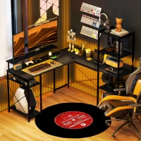 HOMCOM L-vormig Bureau met Oplaadstation, Hoek Computertafel met Monitorstandaard en Planken, voor Thuiswerkplek, Kantoor, Zwart(m-10)