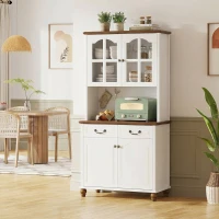 HOMCOM Szafka kuchenna z 2 szufladami, wysoki szafką z otwartą półką, szafka z witryną i funkcją Soft-Close do salonu, kuchni, 76 x 38 x 182 cm, biały(m-13)