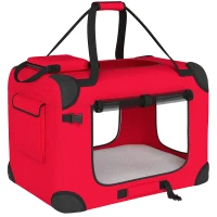 PawHut Transportín para Perros Plegable 60x41,5x41 cm con Ventanas de Malla Cojín Suave y 2 Asas para Mini Perros y Gatos Rojo(m-1)