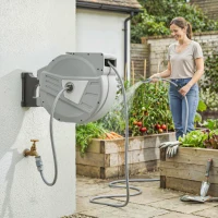 Outsunny Enrouleur Tuyau Arrosage Mural 40+2 m x Ø 15mm, Dévidoir de Tuyaux d'Eau Rétractable Automatique Pivotant à 180°, Gris(m-2)