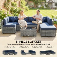 Outsunny 8 Pieces PE Rattan Corner Sofa Set, Outdoor Garden Furniture Set, Patio Wicker Sofa Seater w/ Cushion, Dark Blue(m-6)