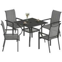 Outsunny 5 Pieces Outdoor Dining Set for 4, Garden Table and Stackable Chairs with Breathable Mesh Seat and Parasol Hole, Grey(m-10)