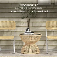 Stolik boczny Outsunny z rattanu, Ø60 cm, stolik kawowy ogrodowy z hartowanym blatem ze szkła, stolik balkonowy w stylu boho, stolik kawowy do ogrodu, balkonu, drewno naturalne(m-4)