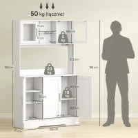 HOMCOM Szafka kuchenna, Design skandynawski, 4 szafki, Regulowane półki, Drzwi ze szkła, Otwarta przestrzeń, Płyta wiórowa, MDF, Biały(m-4)