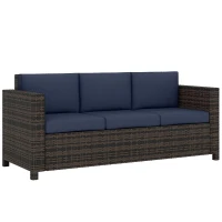 Outsunny 3 Seater Rattan Sofa All-Weather Wicker Weave Metal Frame Chair with Fire Resistant Cushio-Dark Blue(m-10)