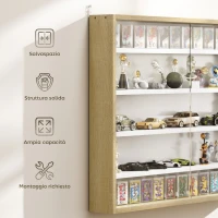 HOMCOM Bacheca Portaoggetti a 4 Ripiani Regolabili in Legno con Ante in Vetro, 80x9.5x60 cm, Bianco e color Legno(m-6)