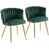 HOMCOM Velvet-Feel Dining Chairs Set of 2, Modern Upholstered Kitchen Chairs with Woven Backrest and Armrests, Metal Legs and Padded Seat for Dining Room, Bedroom, Living Room, Dark Green