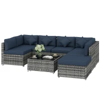 Outsunny 8 Pieces PE Rattan Corner Sofa Set, Outdoor Garden Furniture Set, Patio Wicker Sofa Seater w/ Cushion, Dark Blue(m-11)