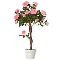Outsunny 90cm/3FT Artificial Rose Tree Fake Decorative Plant w/ 21 Flowers Pot Indoor Outdoor Faux Decoration Pink & Green(m-10)