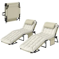 Outsunny Lot de 2 transats bains de soleil pliable avec dossier inclinable 4 positions - appui-tête et matelas épais beige(m-1)