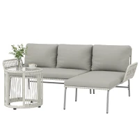 Outsunny Conjunto de muebles de jardín Polyrattan 3 piezas, set lounge con chaise longue sofá de dos plazas mesa de cristal cojines desmontables(m-7)
