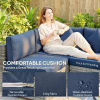 Outsunny 8 Pieces PE Rattan Corner Sofa Set, Outdoor Garden Furniture Set, Patio Wicker Sofa Seater w/ Cushion, Dark Blue(m-5)