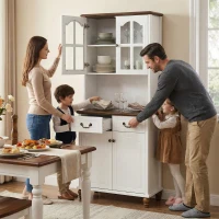 HOMCOM Szafka kuchenna z 2 szufladami, wysoki szafką z otwartą półką, szafka z witryną i funkcją Soft-Close do salonu, kuchni, 76 x 38 x 182 cm, biały(m-14)