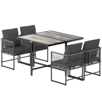 Outsunny Conjunto de muebles de jardín de poliratán 5 piezas ahorrador de espacio, mesa con 4 sillas, tablero DPC, cojines, gris(m-7)