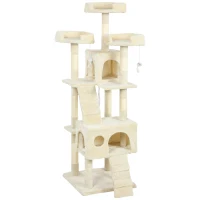 PawHut Arranhador para Gatos Arranhador de Gatos 153 cm com 2 Cavernas 3 Camas 2 Rampas Postes de Sisal e 2 Ratos Pendentes Bege(m-1)