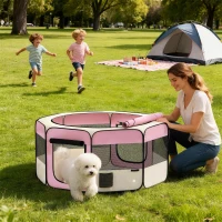 PawHut Parque Dobrável para Cães e Gatos Cercado Portátil para Animais Pequenos em Tecido Oxford Impermeável com 2 Portas Ø120x58 cm Rosa(m-2)