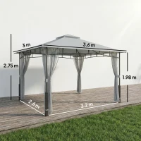 Outsunny Cort pentru Grădină cu Acoperiș Dublu Foișor cu Pereți din Plasă UPF50+ pentru Exterior Terasă 360x300x275 cm Gri(m-3)