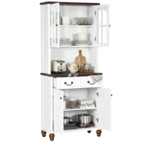 HOMCOM Szafka kuchenna z 2 szufladami, wysoki szafką z otwartą półką, szafka z witryną i funkcją Soft-Close do salonu, kuchni, 76 x 38 x 182 cm, biały(m-17)