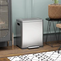 HOMCOM Poubelle de cuisine 2 compartiments de 2 x 15L, avec pédale, en acier inoxydable, couvercle à fermeture douce(m-10)