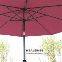 Outsunny Parasol de jardin extérieur Parasol droit inclinable Ø 3 m en métal Rond Polyester 180g/m² manivelle inclinable Bordeaux(m-7)