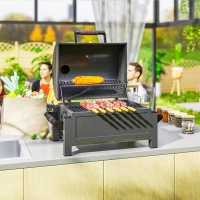 Outsunny Grill węglowy z pokrywą, rusztem do podgrzewania, podstawa do popiołu, termometr, nierdzewny, 67x53x55cm, czarny(m-9)