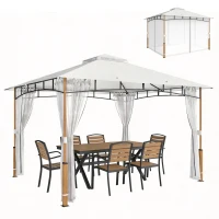 Outsunny Gartenzelt mit Doppeldach Pavillon mit Netzwänden UPF50+ für Außenbereich Terrasse 360x300x275 cm Creme und Teak(m-6)