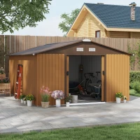 Outsunny 13 x 11ft Metal Garden Shed, Waterproof Outdoor Bike Storage Shed Galvanised with Vents, Foundation Kit, Apex Roof and Lockable Double Doors for Patio Lawn, Light Brown(m-2)
