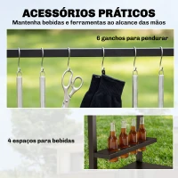 Outsunny Carrinho de Churrasco de 2 Níveis Mesa Auxiliar para Churrasco Móvel com Rodas Porta-bebidas Ganchos Pega Preto e Castanho(m-6)