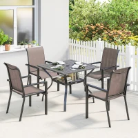 Outsunny 5 Pieces Outdoor Dining Set for 4, Garden Table and Stackable Chairs with Breathable Mesh Seat, Grey and Khaki(m-2)