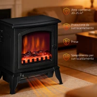 HOMCOM Camino Elettrico Portatile 1000W/2000W con Effetto Fiamma, in ABS e Vetro Temperato, 36.5x24x45.5 cm, Nero(m-6)