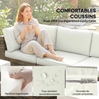 Outsunny Salon de jardin extérieur d'angle 5 places en résine tressée, canapés, repose-pieds, table basse et coussins, crème(m-6)