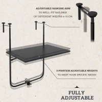 Outsunny Stolik balkonowy, dla balustrad o grubości 6-15 cm, regulowany, składany, odporny na rdzę, metal, 62x60x85,5 cm, czarny(m-4)