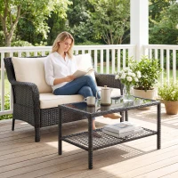 Outsunny Rattan-salontafel, tweelaags buitentafel met opberglade, gehard glazen blad en stalen frame, Zwart(m-7)