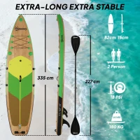 Outsunny Extra Long 335 cm Inflatable SUP Paddle Board with Seat, Convertible Paddle, Fins, Pump and Backpack, 180 kg Capacity(m-3)