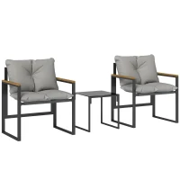 Outsunny Conjunto de Jardim 3 Peças 2 Lugares com 2 Poltronas 1 Mesa Baixa Tampo em Vidro Temperado e Almofadas Cinza(m-1)