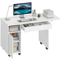 HOMCOM Bureau d'ordinateur sur roulettes, table informatique avec abattant, tiroir, placard et compartiment, 130 x 58 cm, blanc(m-1)