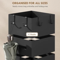 HOMCOM Stojak na parasole, metalowy stojak na parasole, wolnostojący stojak z haczykami i tacką ociekową, miejsce na 8 parasoli, czarny(m-5)
