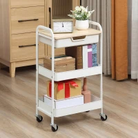 HOMCOM Carrello Cucina Multiuso con Ruote Girevoli, 2 Cesti, Cassetto e Piano in Legno, Bianco(m-2)