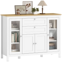 HOMCOM Mobile Cucina con 2 Cassetti e 3 Armadietti, Ante in Vetro e Ripiani Regolabili, 120x40x90 cm, Bianco e Rovere