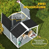 PawHut Hondenhok weerbestendig verhoogd hondenhuis van hout met asfaltdak, veranda, voor middelgrote honden 103x107x83,5cm Grijs(m-6)