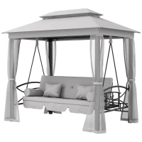 Outsunny 3 Seater Convertible Swing Chair, Outdoor Gazebo Swing Seat Bed with Double Tier Canopy, Cushioned Seat, Mesh Sidewalls, Light Grey(m-11)