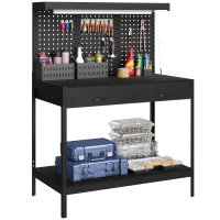 HOMCOM 110 cm Werkbank mit Lochwand, robuste Werkbank mit Steckdosenleiste und LED-Beleuchtung, Schwarz(m-11)