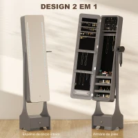 HOMCOM Espelho para Joias com Luzes LED Armário para Joias com Espelho de Corpo Inteiro Ajustável Gaveta Luzes com Desligar Automático Cinzento(m-7)