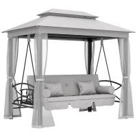 Outsunny 3 Seater Convertible Swing Chair, Outdoor Gazebo Swing Seat Bed with Double Tier Canopy, Cushioned Seat, Mesh Sidewalls, Light Grey(m-10)