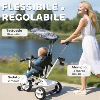 HOMCOM Triciclo per Bambini con Maniglione di Spinta, Tettuccio, Barra di Sicurezza e Box, 105x47x89 cm, Bianco e Nero(m-5)