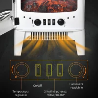 HOMCOM Camino Elettrico Effetto Fiamma e 3 Lati Aperti, Temperatura Regolabile 900W-1800W, Protezione da Surriscaldamento, Copertura 20-25m², 39x26x54.8cm, Bianco(m-6)