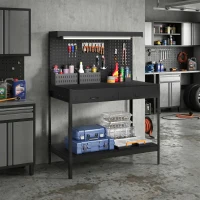 HOMCOM 110 cm Werkbank mit Lochwand, robuste Werkbank mit Steckdosenleiste und LED-Beleuchtung, Schwarz(m-2)