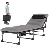 Outsunny Transat pliant portable pour jardin avec dossier réglable sur 5 positions, matelas rembourré, appui-tête(m-1)